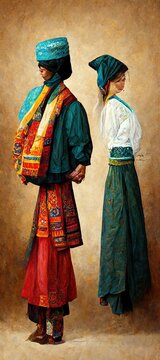 man and woman in traditional eastern dress illustration