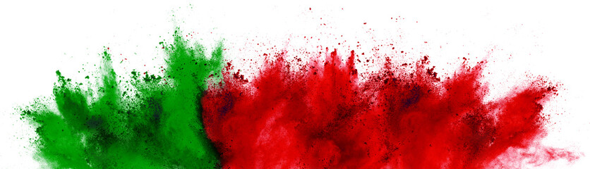 colorful portuguese flag green red color holi paint powder explosion isolated white background....