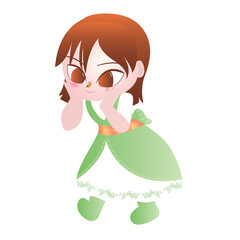 Beautiful country girl illustration in her green dress playing in nature with bee