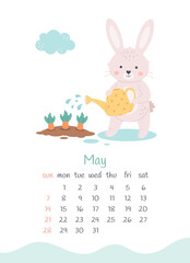 May 2023 calendar. Cute bunny grows carrot. The year of the Rabbit, bunny symbol of 2023. Week starts on Sunday. Vector illustration