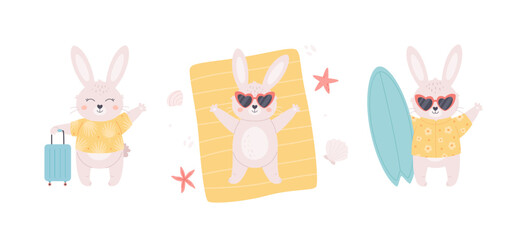 Cute white bunnies collection. Rabbit sunbathing on the beach, bunny with surfboard and travel bag. Year of the Rabbit. Summer vacation. Hand drawn vector illustration