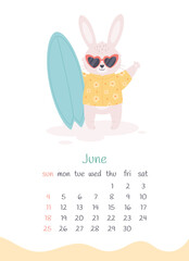 June 2023 calendar. Cute bunny with surfboard, summer vacation. The year of the Rabbit, bunny symbol of 2023. Week starts on Sunday. Vector illustration