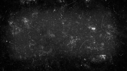 Vintage dark distressed old photo dust, smudges, scratches and film grain background texture overlay with vignette border. Dirty urban grunge black and white retro noise effect  8k 16:9 3D rendering. - obrazy, fototapety, plakaty