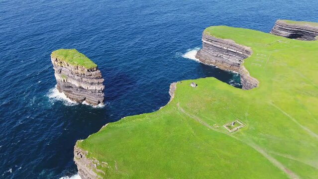 Aerial view of the Dun Briste sea stack at Downpatrick head, County Mayo - Republic of Ireland