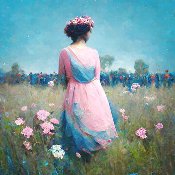  woman in blue pink   dress at wild field with pink flowers  cloudy sky impressionism painting art  by  Claude Mone style 