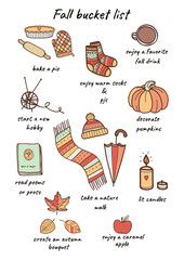 Vector illustration with cute and trendy autumn and halloween elements. Autumn bucket list, fall to do planner, eat seasonal food and do cozy things.