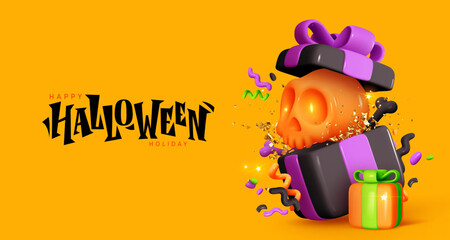 Halloween background. Open gift box full of decorative elements skull and bones. Realistic 3d design cartoon gift boxes. Holiday banner, web poster, stylish flyer, greeting card. Vector illustration