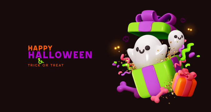 Halloween background. Open gift box full of decorative elements white good ghosts. Realistic 3d design cartoon gift boxes. Holiday banner, web poster, stylish flyer, greeting card. vector illustration