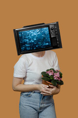 Contemporary art collage of male with TV instead head isolated over red background. 