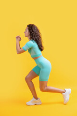 fitness woman do lunge exercise, side view. fitness woman doing lunge exercise