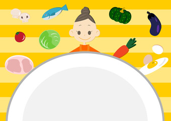 コピースペース　お皿と女性と食材