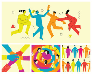 Young men and women with abstract geometric shapes. Team building and teamwork concept. Business partnership, cooperation and communication. Modern flat cartoon style.