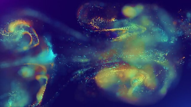 Multicolored, bright, abstract cloud of particles in space. A bright stream of particles moves against the background in a dynamic pattern with fluid simulation and light