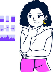 Flat vector illustration of business analyst analyzing data charts. Businesswoman with project analytics, information in graphs