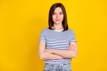 Photo of young gorgeous confident woman wear striped blue t-shirt boss company have good results isolated on yellow color background