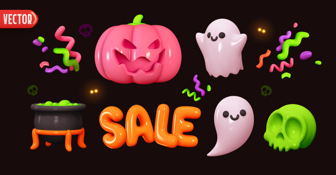 Holiday Halloween set of themed decorative elements for design. Realistic 3d objects in cartoon style. Magic potion cauldron, pumpkin evil face, cute ghost, confetti and sale text. vector illustration