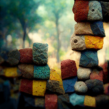 A wall of multi-colored stones against the backdrop of a tropical forest