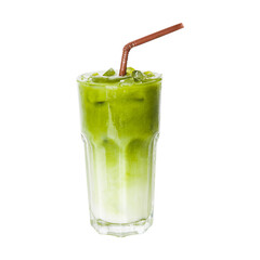 Iced of milk matcha green tea on glass isolated white background.