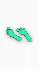 two green glass bare footprints. bare footprint close up. Vertical image. 3D image. 3D rendering.