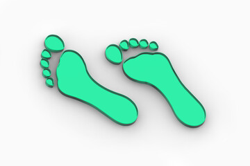 Fototapeta na wymiar two green glass bare footprints. bare footprint close up. Horizontal image. 3D image. 3D rendering.