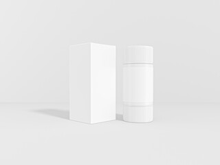 Medicine pill bottle and Box packaging mock-up. Plastic blank jar mockup. Healthcare product plastic packaging bottle. 3d rendered illustration