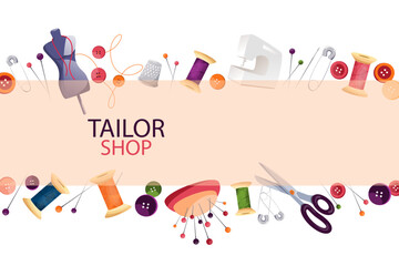 Design of a banner or a web page of a tailor's workshop, a tailoring studio, a fashion designer's studio.A set of tools for sewing and repairing clothes.