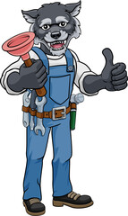 Wolf Plumber Cartoon Mascot Holding Plunger