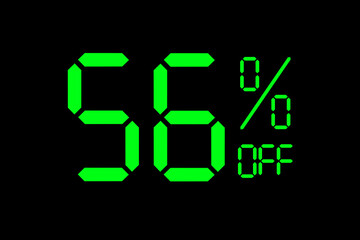 Vector illustration of green 56% discount special offer tag. Discount offer price tag for advertising campaign symbol in retail, sales promotion marketing, shopping day in green neon digital style.