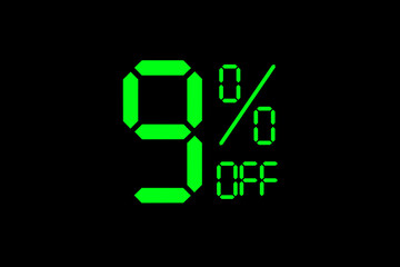 Fototapeta premium Vector illustration of green 9% discount special offer tag. Discount offer price tag for advertising campaign symbol in retail, sales promotion marketing, shopping day in green neon digital style.