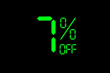 Vector illustration of green 7% discount special offer tag. Discount offer price tag for advertising campaign symbol in retail, sales promotion marketing, shopping day in green neon digital style.