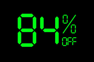 Vector illustration of green 84% discount special offer tag. Discount offer price tag for advertising campaign symbol in retail, sales promotion marketing, shopping day in green neon digital style.