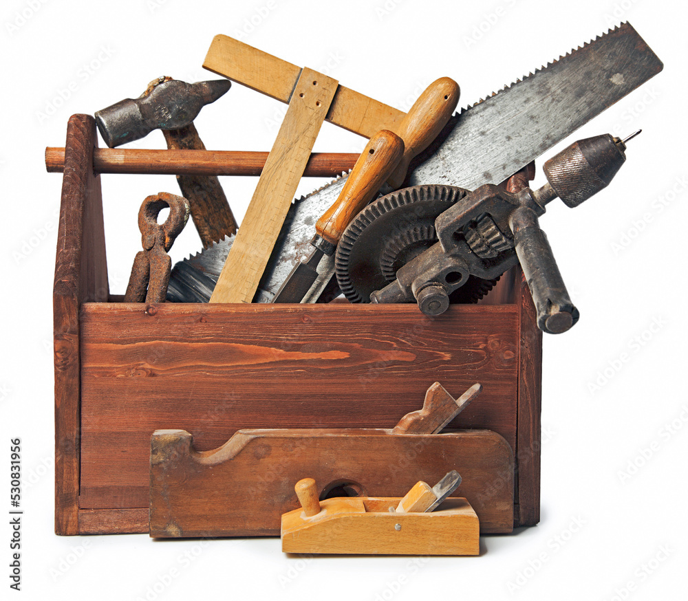 Wall mural old carpenter wooden toolbox with tools isolated on white