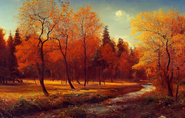 Naklejka na ściany i meble beautiful colorful autumn scene, light is shining through a morning scene