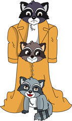 cute cartoon three raccoons hiding in a raincoat