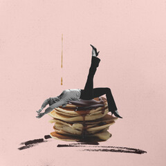 Contemporary art collage. Cheerful young woman lying on delicious sweet pancakes with syrup dressing. Breakfast traditions