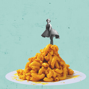 Naklejki Contemporary art collage. Young stylish woman standing on the top of pasta with cheese. Italian food