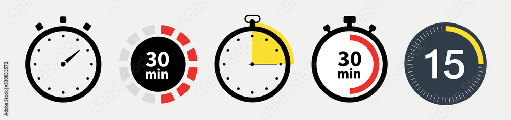 Poster timers icon set. stopwatch, timer icons set. timer and stopwatch icons. countdown timer collection. 