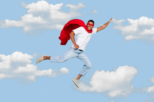 Creative abstract template collage of excited strong man flying high clouds sky superhero wear red mask cape feel mighty businessman