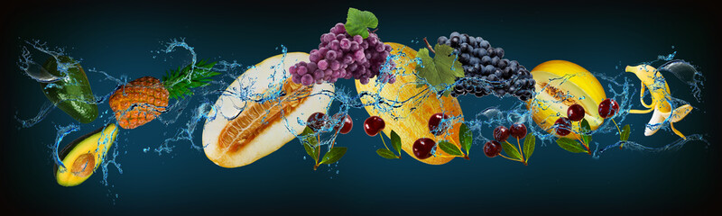 Panorama with fruits in water - banana, melon, grapes, pineapple, avocado - invigorate the spirit...