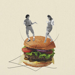 Contemporary art collage. Cheerful young people dancing on big delicious burger. Junk food lovers....