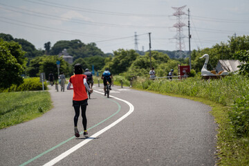 サイクリングロードでのジョギング、自転車と共存する（手賀沼）