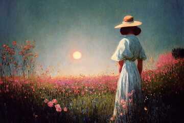   woman in blue dress on wild field with pink flowers ,sunset  cloudy sky impressionism painting art wallpaper by Claude Mone style - obrazy, fototapety, plakaty