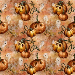 Happy Halloween. Seamless pattern with cute pumpkins and ghosts - 530835522