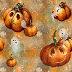 Happy Halloween. Seamless pattern with cute pumpkins and ghosts - 530835544