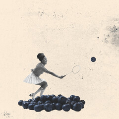 Contemporary art collage. Creative design with young woman playing badminton with blueberries