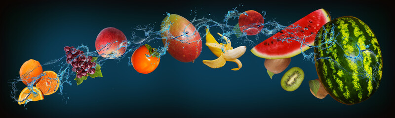Panorama with fruits in water - watermelon, kiwi, peach, banana, mango, persimmon, apple, grape,...