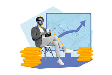 Creative 3d photo artwork graphics collage of successful relaxed man have enjoy break pause stocks funds growth passive income investor