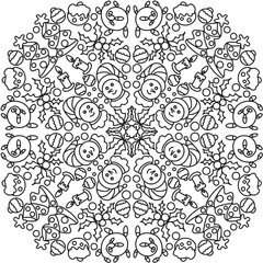 Circle shape coloring page. Black and white print for coloring book with Outline background. Vector illustration. Circle shape pattern with  for coloring book. Christmas holiday сircle pattern with wi