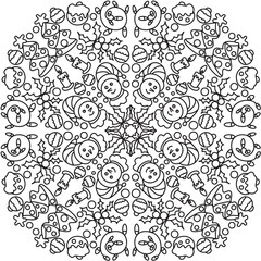 Circle shape coloring page. Black and white print for coloring book with Outline background. Vector illustration. Circle shape pattern with  for coloring book. Christmas holiday сircle pattern with wi