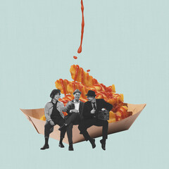 Contemporary art collage. Stylish people, men sitting on fries, potato with ketchup. Junk street...